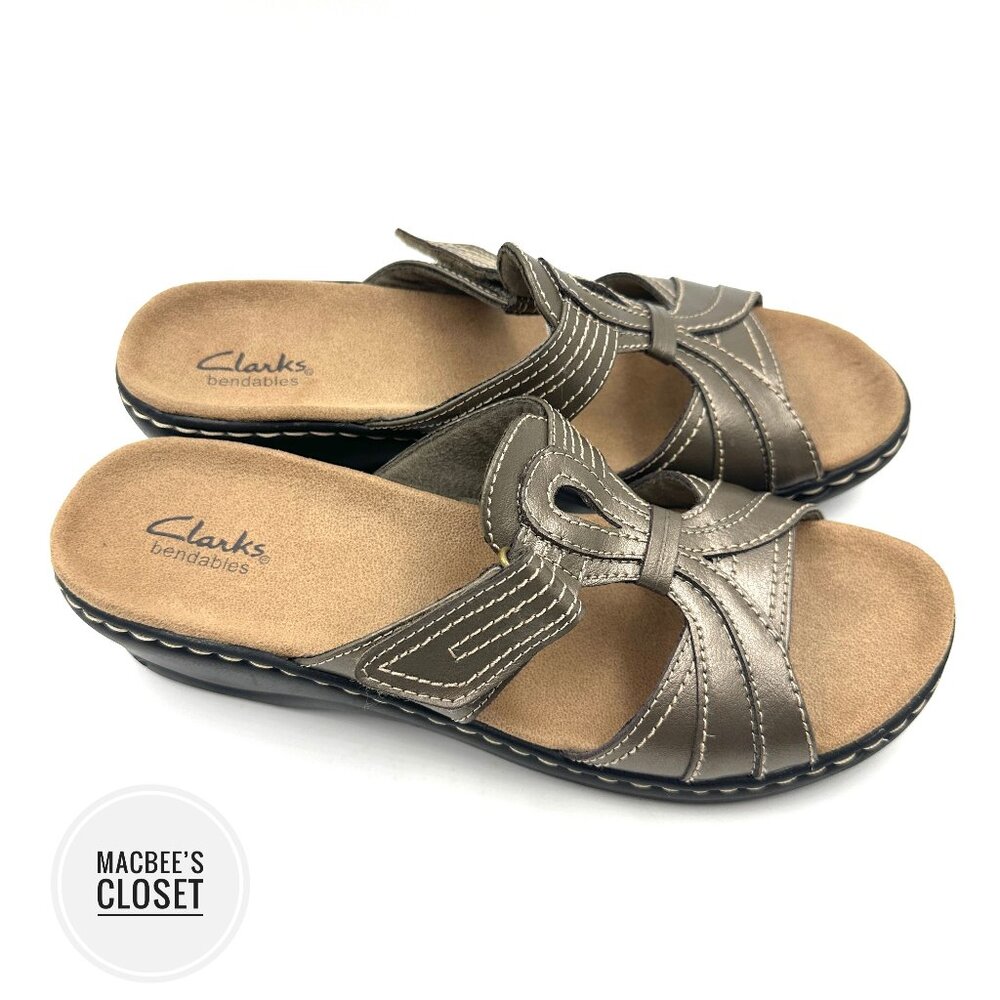 New Clarks Bendables Pewter Silver Metallic Slip On Strap Leather Wedge Sandal
